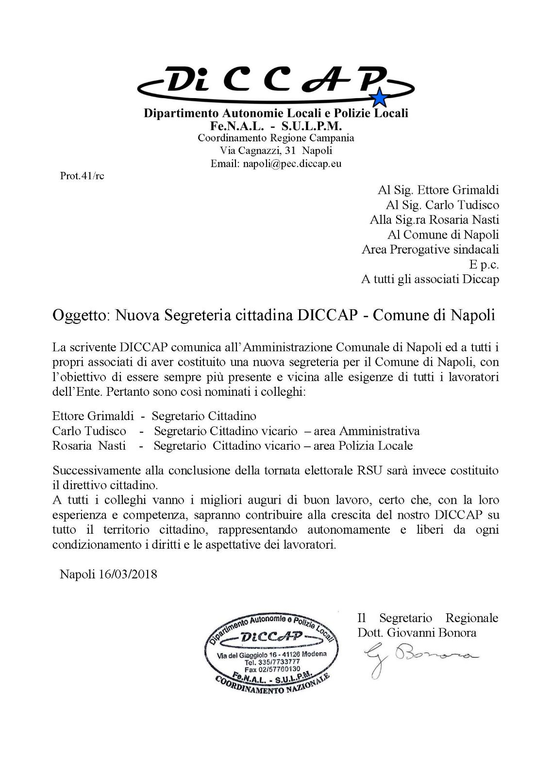 NUOVA SEGRETERIA DICCAP NAPOLI